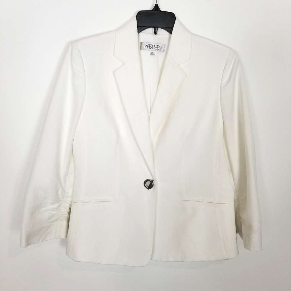 Kasper Women Linen Blazer Jacket Sz 10 Petite One Button Classic‎ Preppy Pockets
